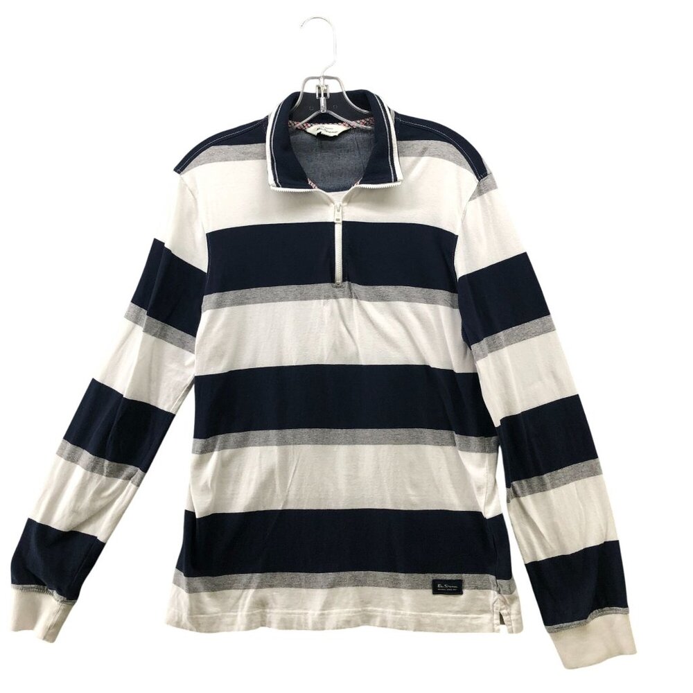 Ben Sherman 1/4 Zip Long Sleeve T‎ Shirt Mens M Cotton White Navy Blue Stripe